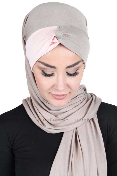Mikaela - Hijab Coton Pratique Taupe & Vieux Rose