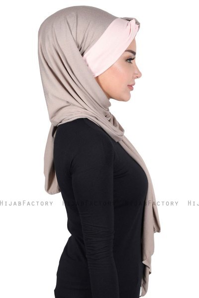 Mikaela - Hijab Coton Pratique Taupe & Vieux Rose