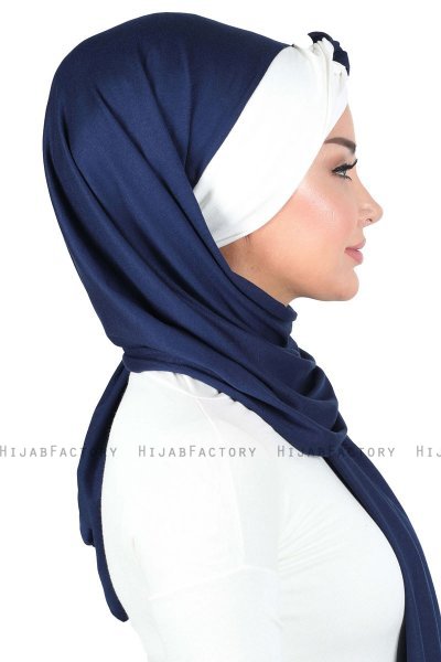 Mikaela - Hijab Coton Pratique Bleu Marin & Crème