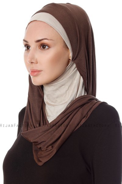 Naz - Hijab Pratique One-Piece Marron & Taupe Clair - Ecardin