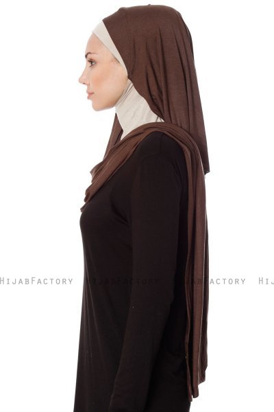 Naz - Hijab Pratique One-Piece Marron & Taupe Clair - Ecardin