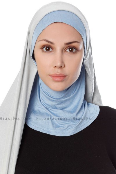 Naz - Hijab Pratique One-Piece Gris Clair & Bleu Clair - Ecardin