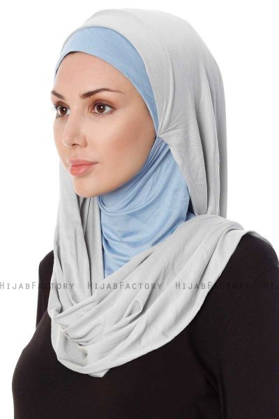 Naz - Hijab Pratique One-Piece Gris Clair & Bleu Clair - Ecardin