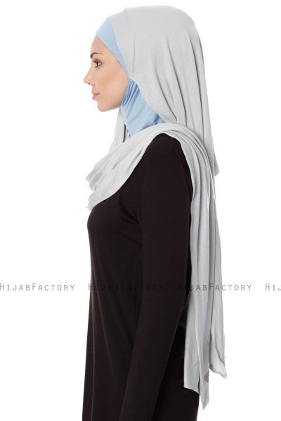 Naz - Hijab Pratique One-Piece Gris Clair & Bleu Clair - Ecardin