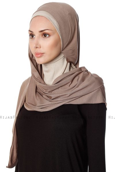 Naz - Hijab Pratique One-Piece Taupe Foncé & Taupe Clair - Ecardin