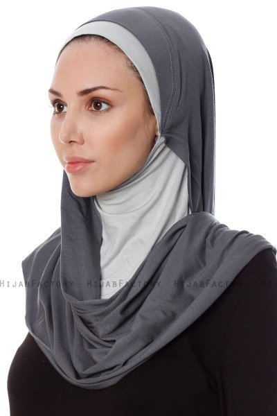 Naz - Hijab Pratique One-Piece Gris Foncé & Gris Clair - Ecardin