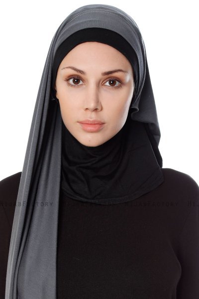 Naz - Hijab Pratique One-Piece Gris Foncé & Noir - Ecardin