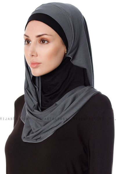 Naz - Hijab Pratique One-Piece Gris Foncé & Noir - Ecardin