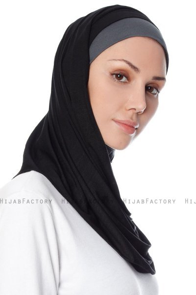 Naz - Hijab Pratique One-Piece Noir & Gris Foncé - Ecardin