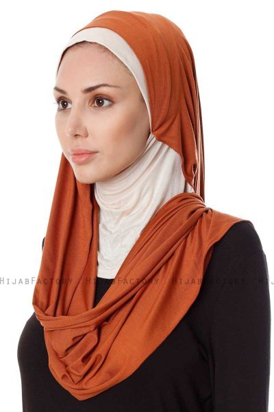 Naz - Hijab Pratique One-Piece Rouge Brique & Beige Clair - Ecardin