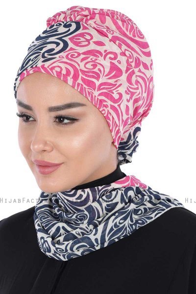 Regina - Turban Instant Chiffon Bleu Marin & Fuchsia