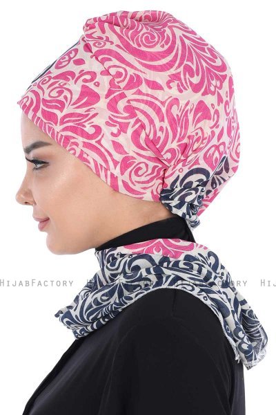 Regina - Turban Instant Chiffon Bleu Marin & Fuchsia