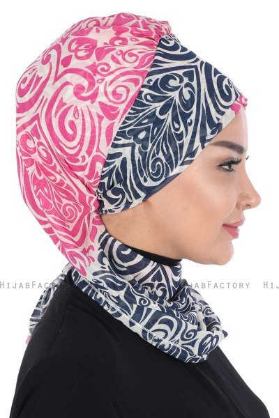 Regina - Turban Instant Chiffon Bleu Marin & Fuchsia