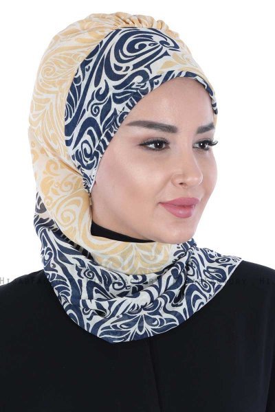 Regina - Turban Instant Chiffon Bleu Marin & Jaune