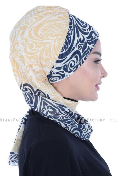 Regina - Turban Instant Chiffon Bleu Marin & Jaune