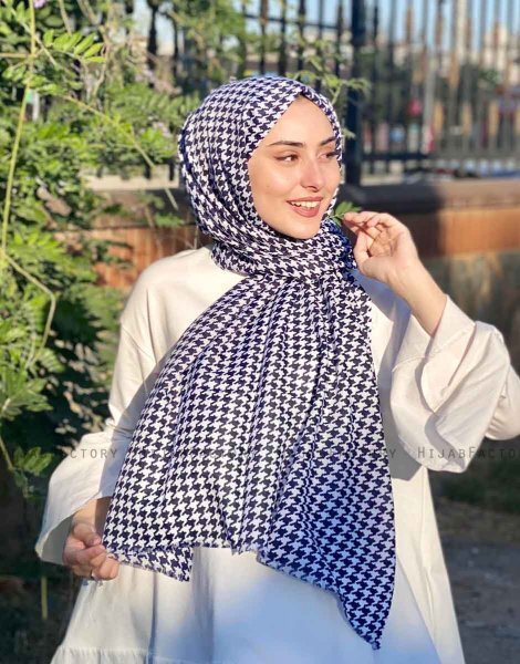 Soheila - Hijab En Coton à Motif Bleu Marin & Blanc