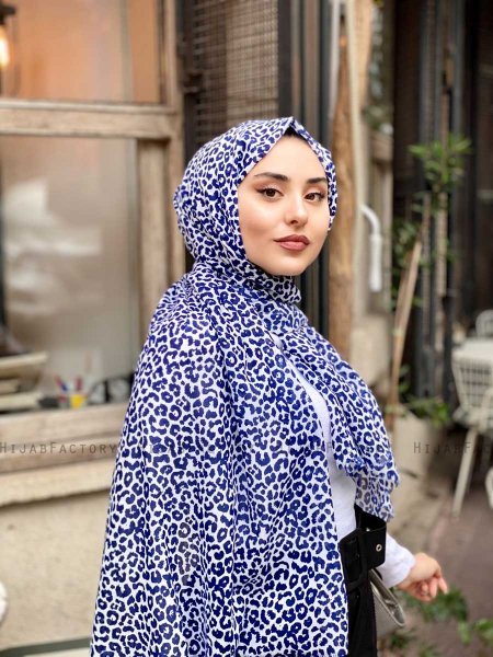 Suha - Hijab En Coton à Motif Léopard Bleu Marin & Blanc