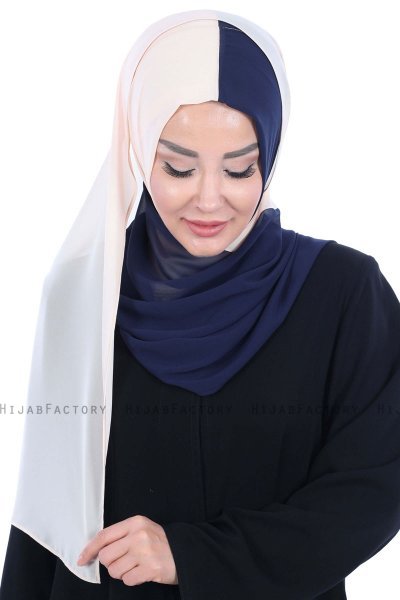 Ylva - Hijab Chiffon Pratique Beige & Bleu Marin